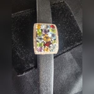 Bracelet Sterling Silver Multi Color Genuine Stones on Genuine Leather Strap